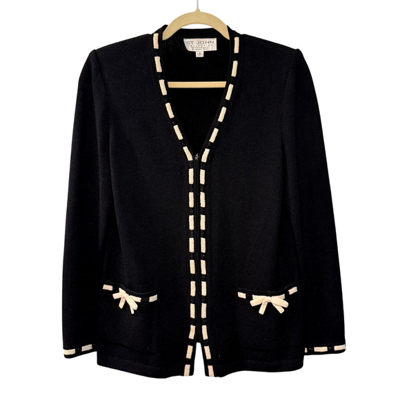 St. John 8 Santana Knit 100% Wool Cardigan Sweater Contrast Trim Jacket Black - Picture 2 of 9